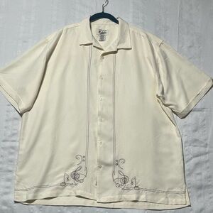 BUNGALOW JOE Cream Short Sleeve Button-Up Shirt with Embroidery, SIZE XXL
